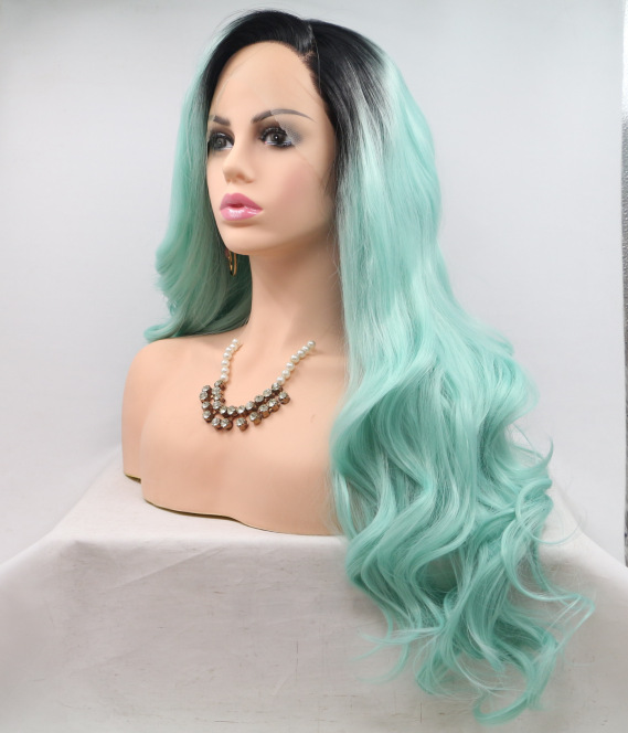 seda de alta temperatura media peluca tejida a mano cubierta de cabello estilo de moda europea y americana onda verde larga rizada de encaje LW0280