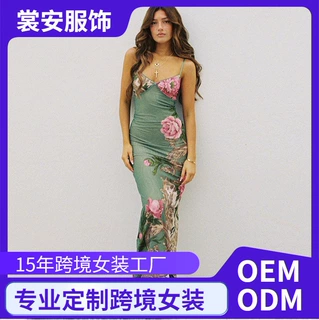 JY23159夏季新款女装长裙 度假风气质修身印花设计感吊带连衣裙女