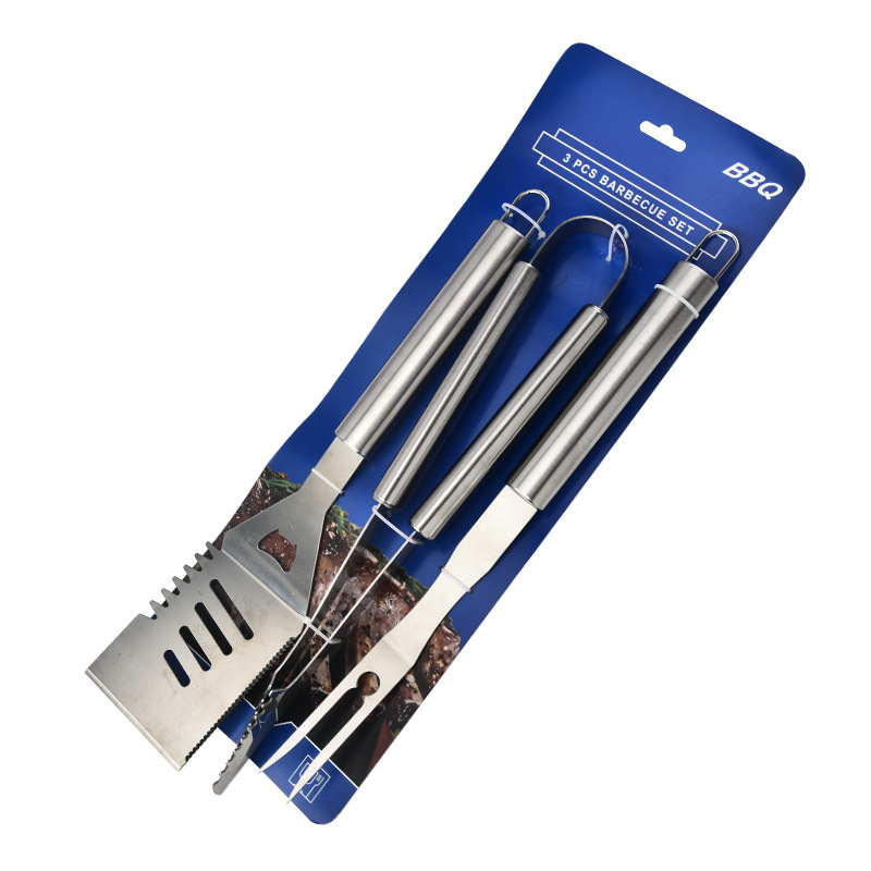 Fábrica directa de parrilla de acero inoxidable pala y horquilla combinación de abrazadera de tres piezas BBQ camping al aire libre parrilla de comida familiar