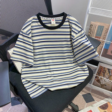 特价【实拍】 夏季条纹短袖T恤女装穿搭chic韩系修身正肩圆领上衣