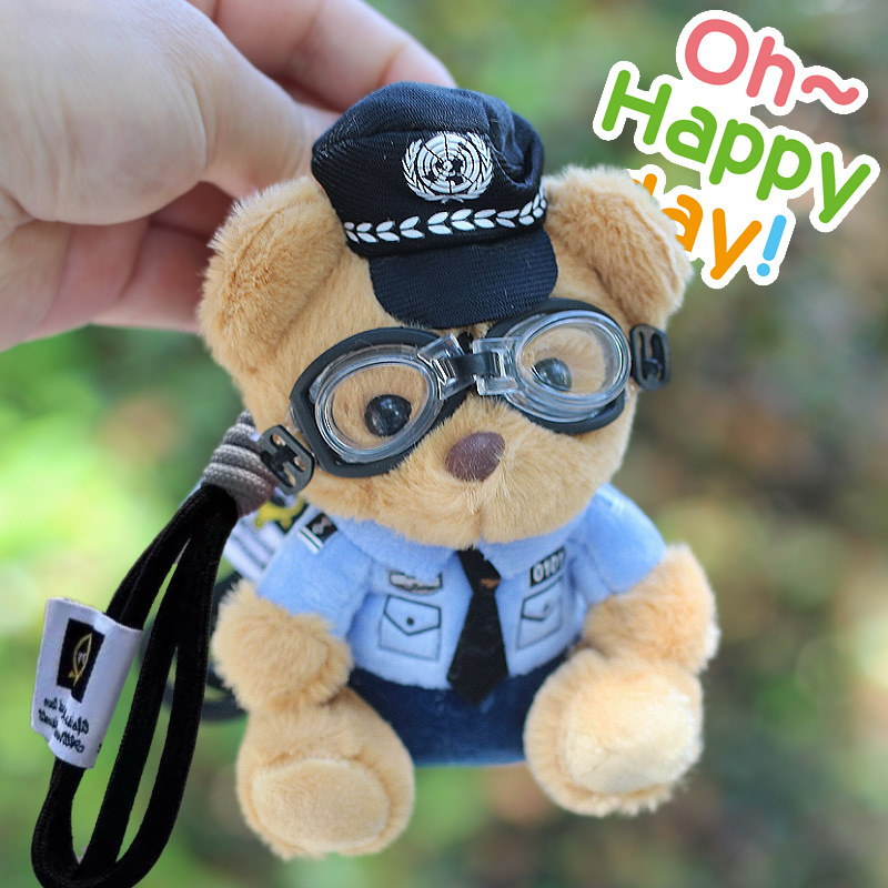 Policía bombero oso muñeca celebridad de Internet caballo de hierro muñeca coche de peluche policía de tránsito colgante oso de peluche llavero lindo