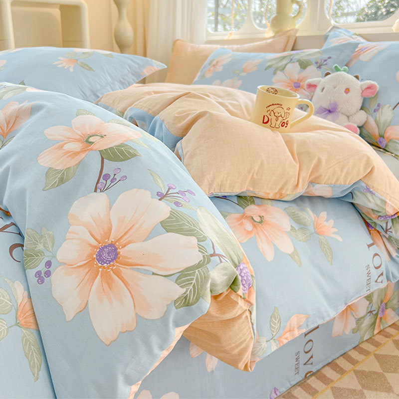 Juego de cuatro piezas de algodón puro, ropa de cama nueva 2024, funda de edredón floral fresca, sábana, cama de tres piezas para dormitorio