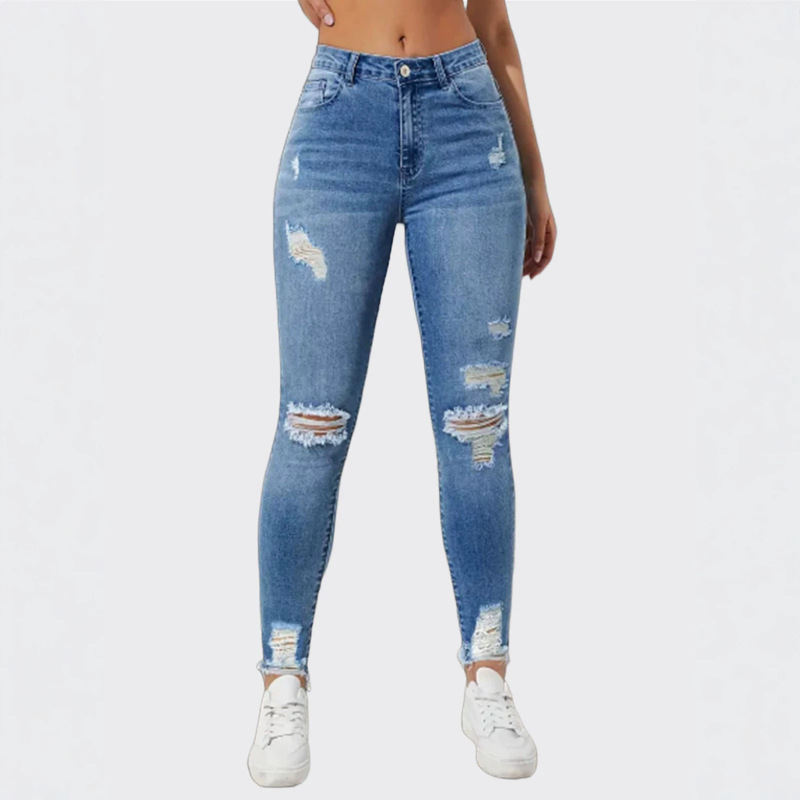 Customized High-Quality Women's Jeans with Holes, Fashionable Ripped Skinny Fit, High-Waisted Vintage-Style Women's Pants