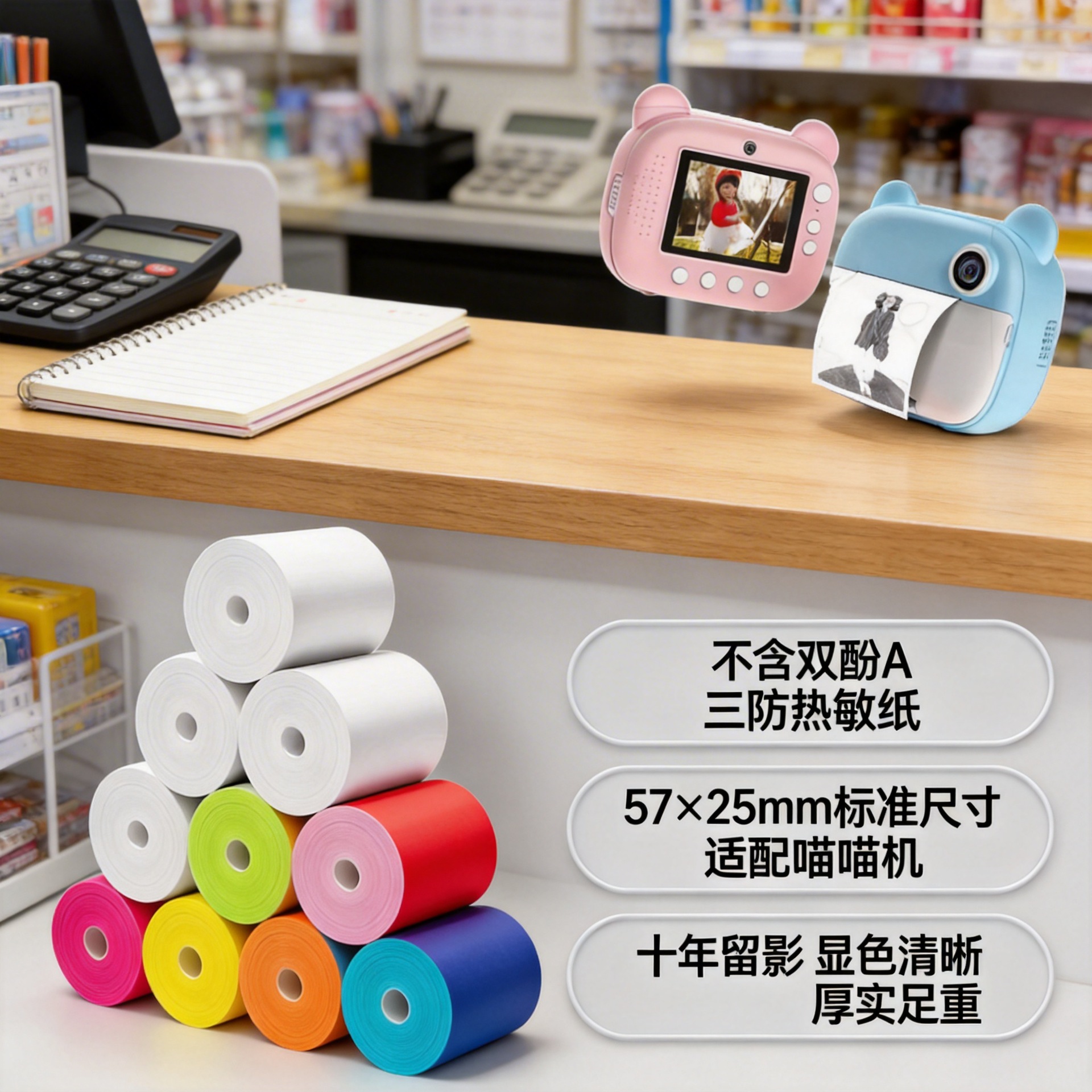 MeowMeow Machine Thermal Paper, BPA-free, 3-proof, 10-year error correction adhesive paper, 57x25mm.