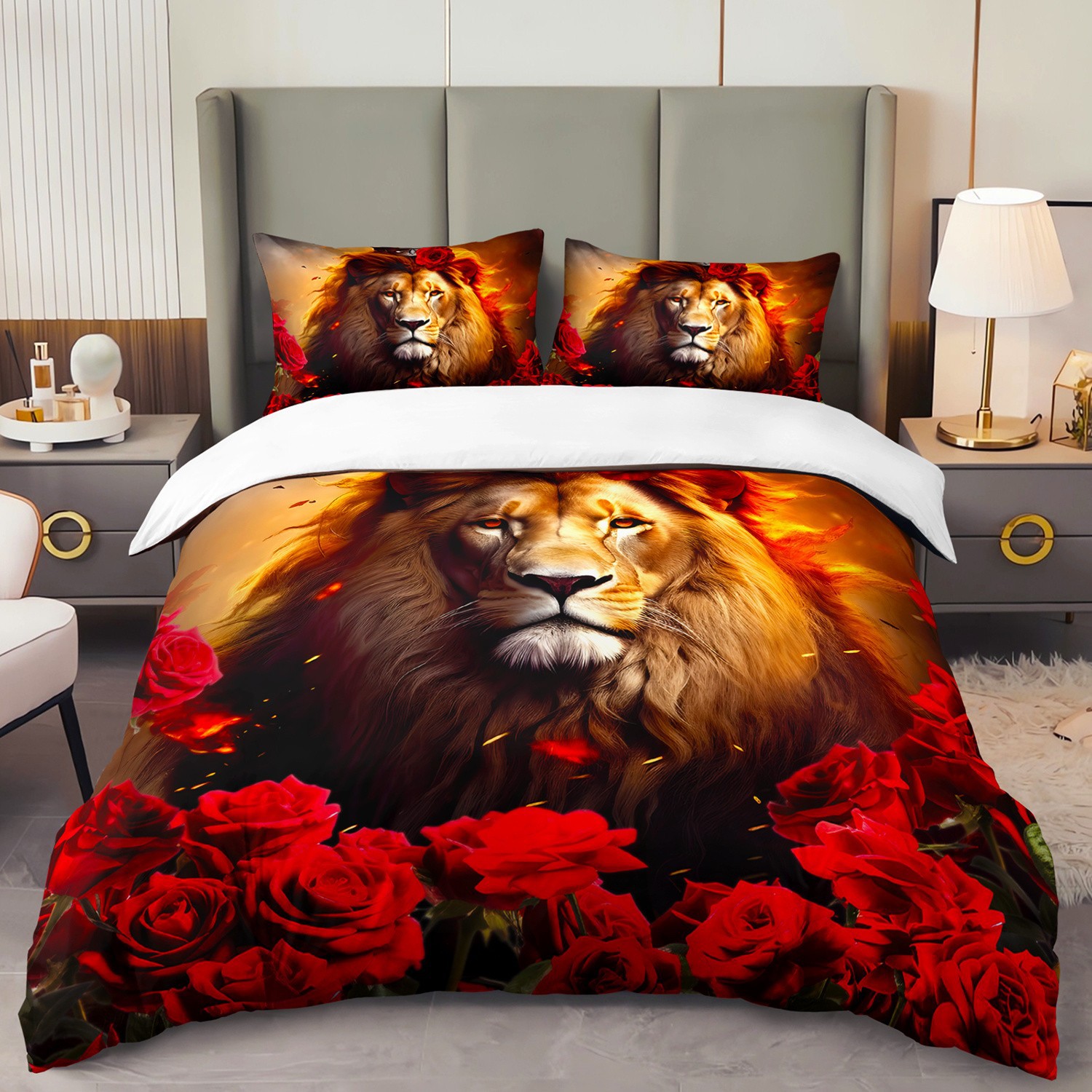 TEMU / JIT textil doméstico molido impresión digital ropa de cama kit león patrón creativo fuente fábrica