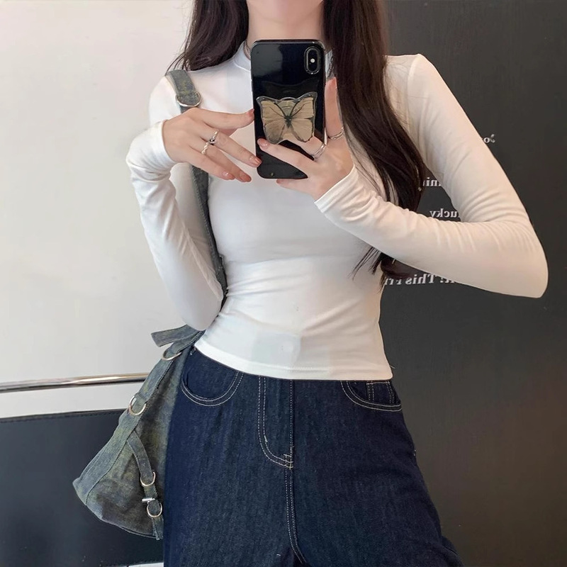 跨境东南亚新款辣妹掐腰长袖T恤女修身显瘦百搭打底衫女装上衣潮|undefined