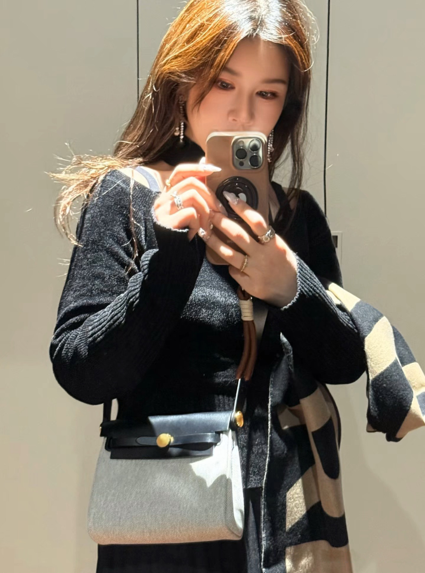 All-steel waxed thread Herbag mini Kelly bag, top-grain vegetable-tanned leather combined with canvas, crossbody bag, color-blocked women's shoulder bag