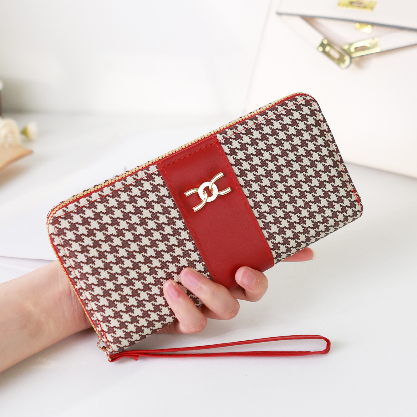 Etiqueta transfronteriza nueva billetera de mujer de pata de gallo billetera larga con estampado de cremallera billetera de moda bolso de tarjeta de teléfono móvil