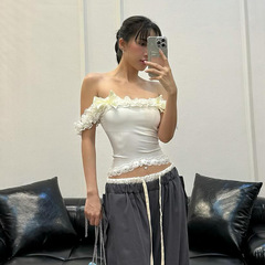 European and American style 2024 spring and summer women's new style sweet and spicy pure lust lace one-line collar pleated sexy camisole for women