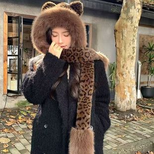 Leopard Bear Imitation Mink Stuffed Hat Scarf One-Piece Women's Autumn and Winter Double-Layer Thickened Warm Ear Protection Imitation Fur Material
