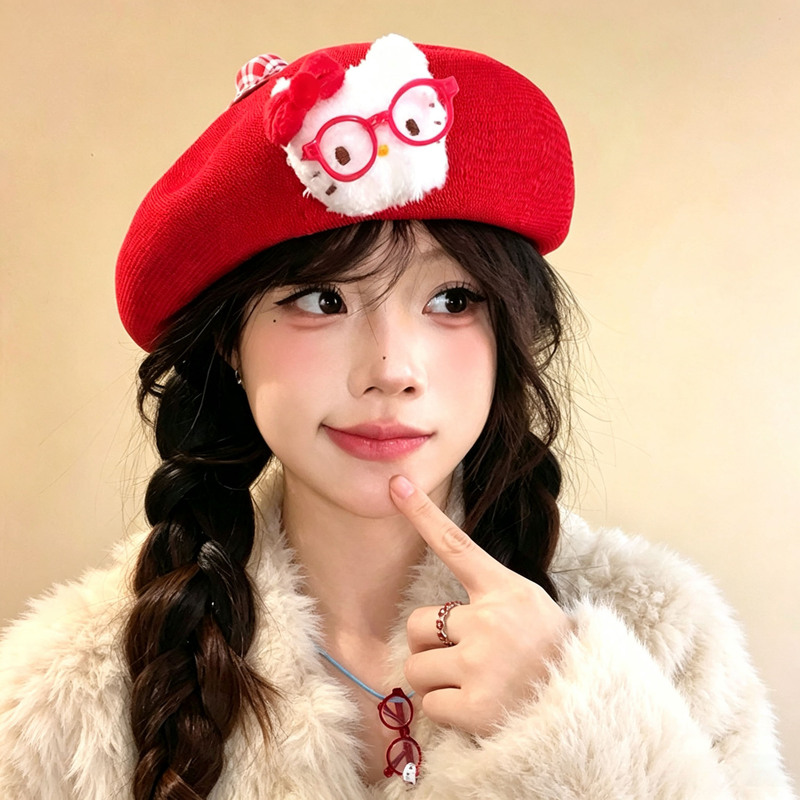 New Japanese-style sweet and cute kitty cat red beret for women, breathable knitted texture, versatile beret