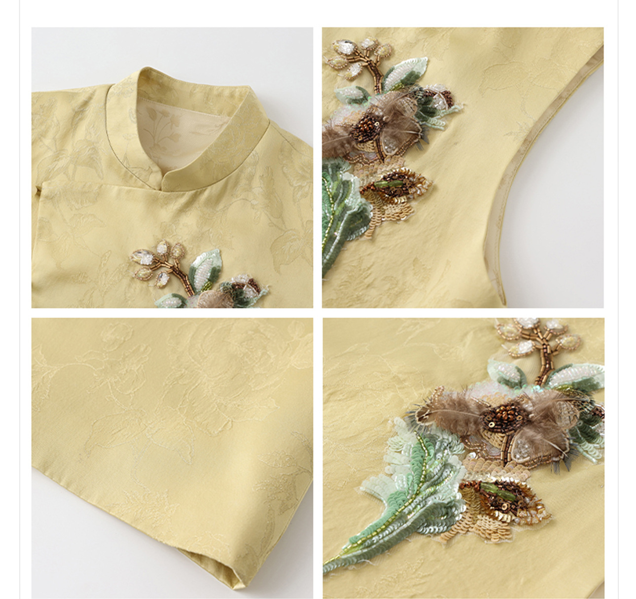 Áo vest cổ đứng thêu hoa văn kiểu Trung Quốc mới, bộ áo vest và chân váy đính hạt sang trọng phong cách dân tộc mới N6032 — gừng vàng chi tiết 21