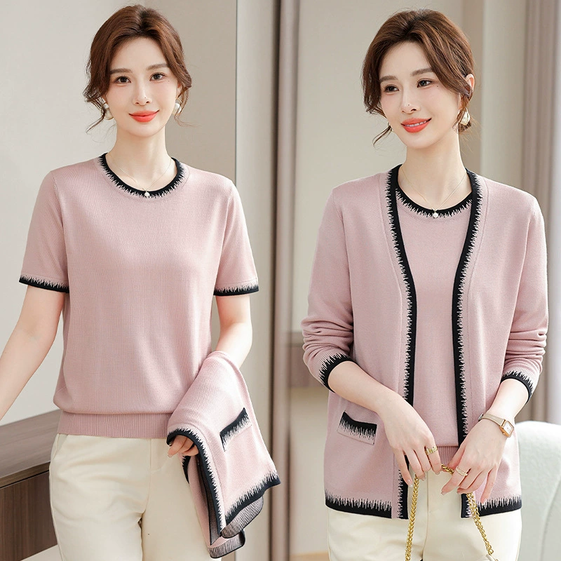 Весенний тонкий кардиган для мамы, женский весенне-осенний стильный вязаный топ с короткими рукавами для женщин среднего и пожилого возраста, комплект из двух предметов