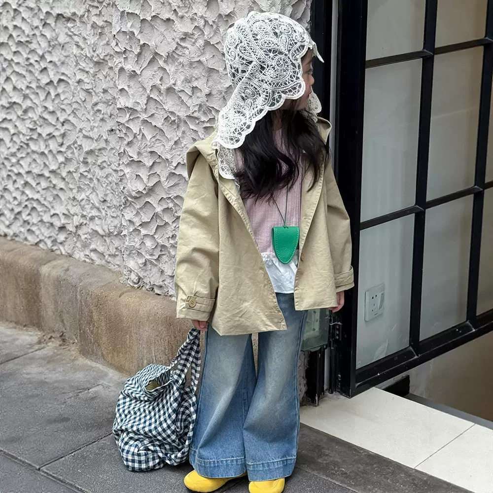 女童蕾丝拼接帽子风衣2025秋装新款韩版儿童宽松慵懒外套