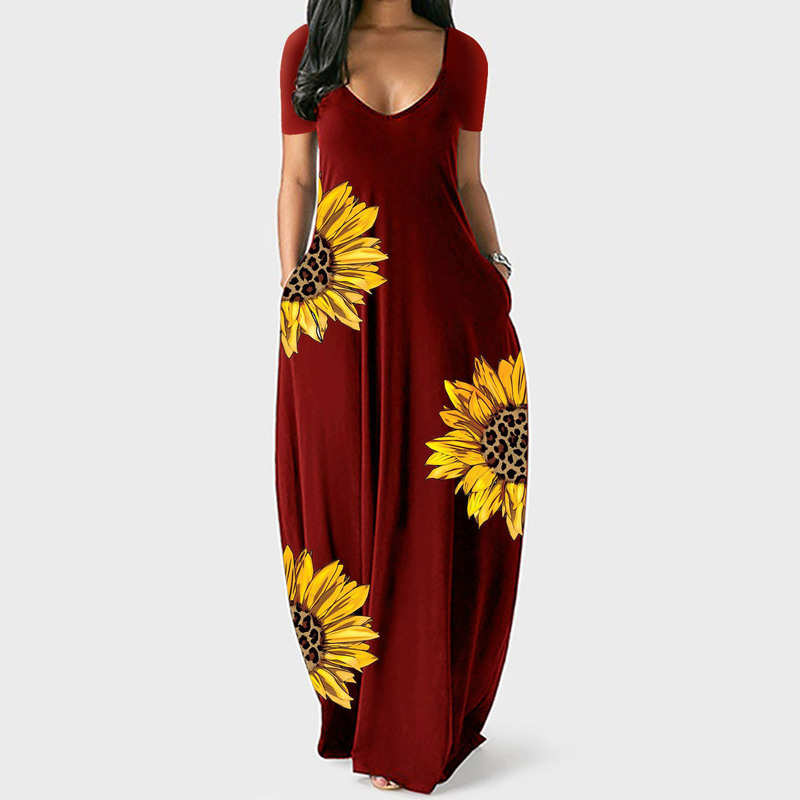 2023 Amazon Women's Sunflower Floral Print Casual Loose Long Dress Summer Women's Clothing