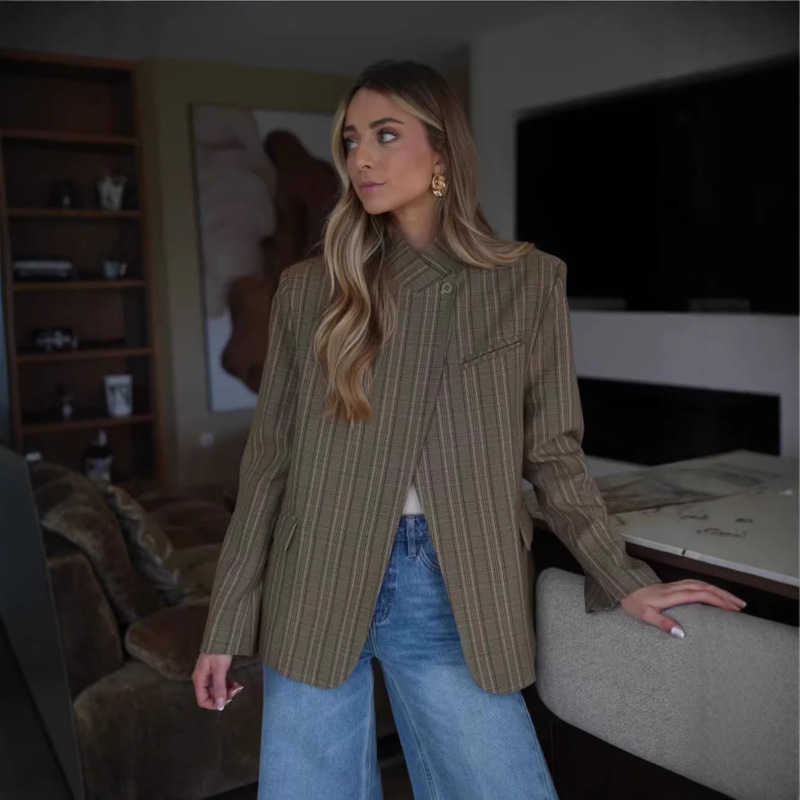 Amazon's Best-Selling Olive Green Plaid Asymmetrical Suit, Stand-Up Collar, Waist-Cinching, Loose-Fitting Jacket, Cross-Border Women's Clothing