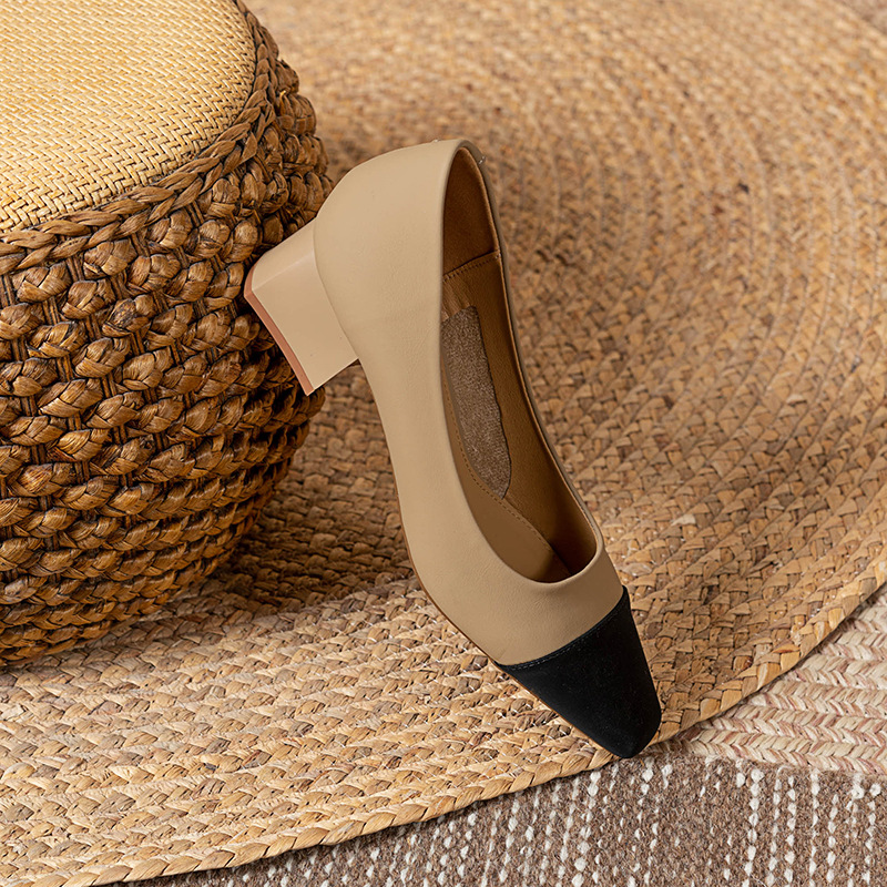 Net rote Schaffell-Ledernähte flacher Mund Einzelschuhe Damen 2023 Frühjahr neue quadratische Zehen dicker Absatz Damenschuhe weiches Leder High Heels_voghion.com