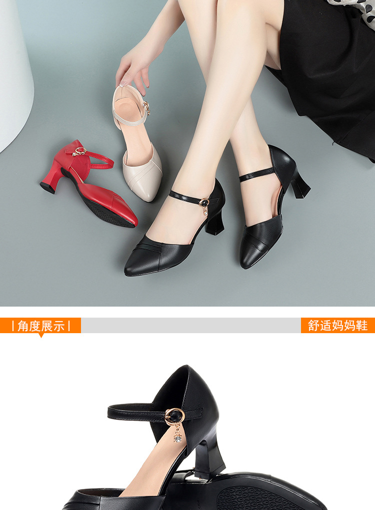 Dép sandal nữ quai chữ V mũi hở, gót dày da thật, giày công sở mùa hè — Màu be chi tiết 15