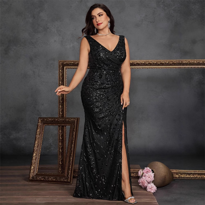 Plus Size European and American Sequined Sleeveless Evening Dress for Women's Banquet Elegant Fishtail Skirt Long Toast Sexy Slit Dress Plus Size European and American Sequined Sleeveless Evening Dress for Women's Banquet Elegant Fishtail Skirt Long Toast Sexy Slit Dress