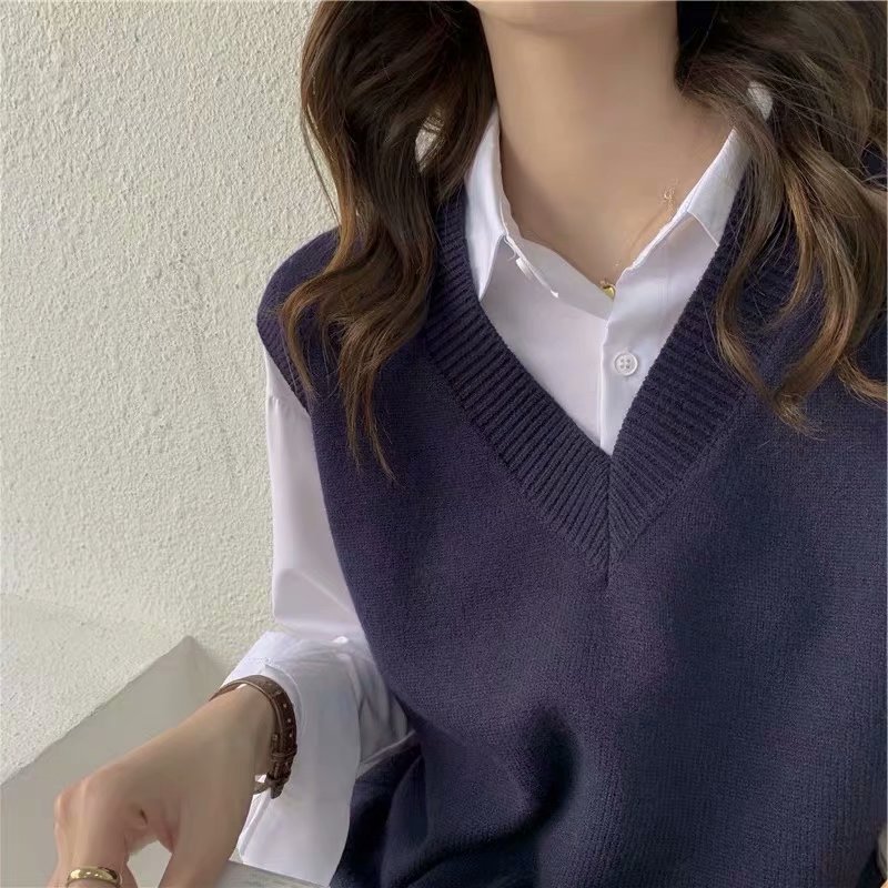 Spring and Summer Thin Loose Lazy Style Pullover V-Neck Vest Sleeveless Knitted Waistcoat Women's Trendy Korean Style Sweater