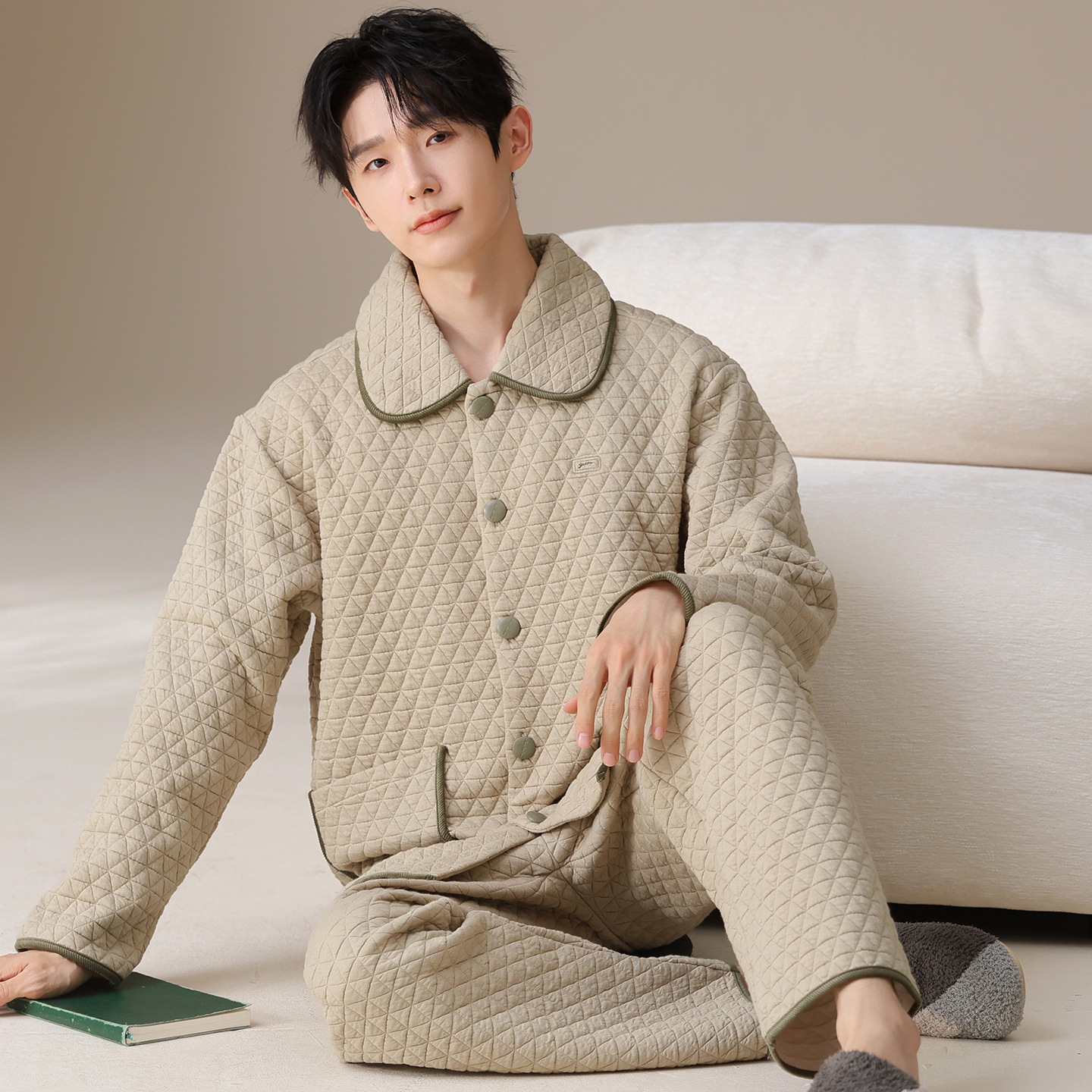 Air Cotton Sandwich Pajamas for Men 2025 New Autumn and Winter Pure Cotton Long-Sleeved Thickeneded Home Wear Set That Can Be Worn Outside