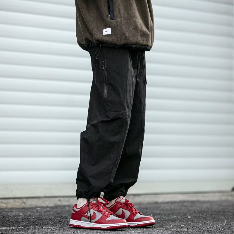 Japanese retro functional outdoor tapered pants men's loose all-match solid color ankle-tied pants fashion brand drawstring overalls casual pants