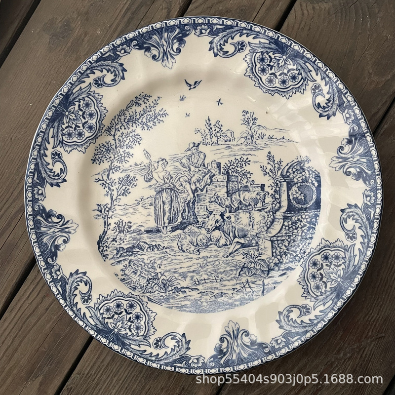 Denim Dark Blue French Vintage Country Shepherd's Western Tableware Ceramic Steak Plate Coffee Cup Saucer Dessert Plate