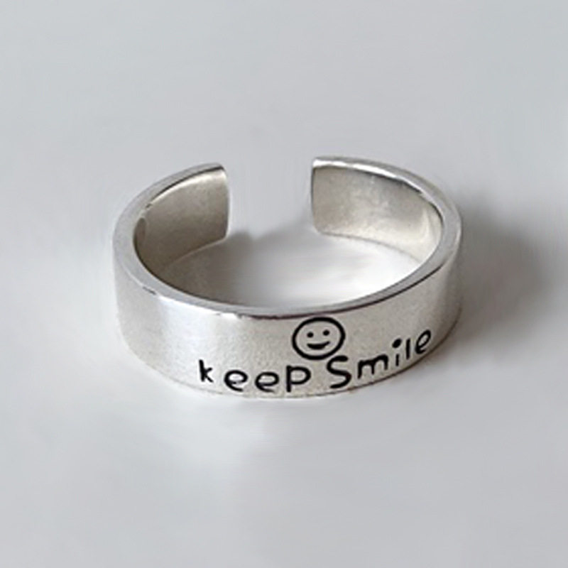 复古字母开口食指环韩东大门网红个性冷淡风嘻哈蹦迪镀银微笑戒指