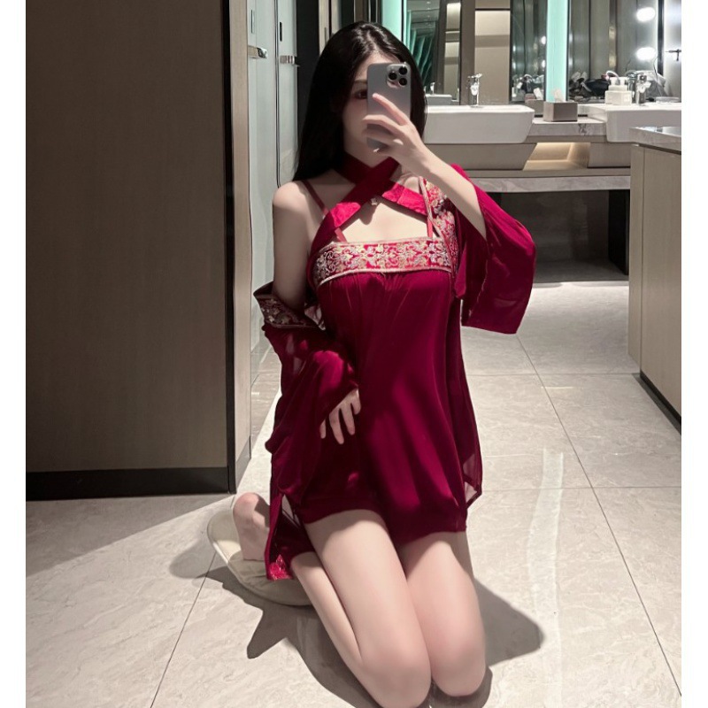 Ropa interior sexy de estilo antiguo, camisón transparente con estampado sexy, traje de uniforme de Hanfu exótico, entrega de una pieza