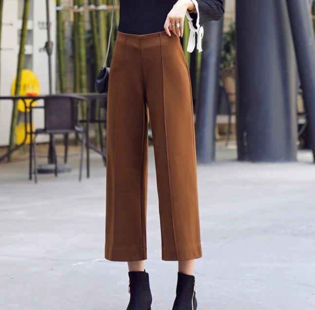 Шерстяные Брюки с широкими штанинами, женские осенне-зимние свободные приталенные повседневные Прямые брюки с высокой талией, шерстяные укороченные брюки