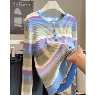 2025 Early Autumn Rainbow Stripesd Long-Sleeved Knitwear Women's Bottoming Shirt Top Design Niche Outer Knitwear Jacket