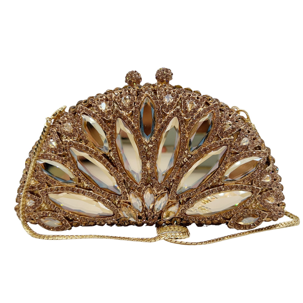 Túi satchel nữ đính pha lê kim cương hình quạt marquise sang trọng dự tiệc — vàng, Vàng AB, Kim cương trắng trên vàng, Kim cương bạc trên nền đen