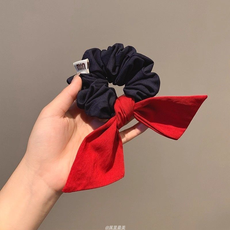 韩系红色蝴蝶结牛仔大肠发圈女高级感丸子头发饰扎头发百搭头绳潮|undefined