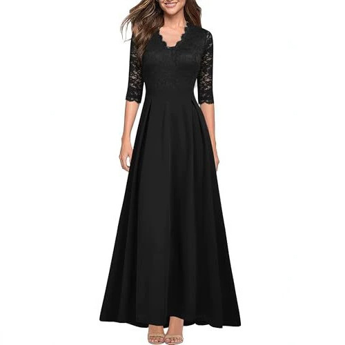Cross-border foreign trade lace long dress, black wedding mid-sleeve bridesmaid dress, elegant and slimming evening gown Cross-border foreign trade lace long dress, black wedding mid-sleeve bridesmaid dress, elegant and slimming evening gown
