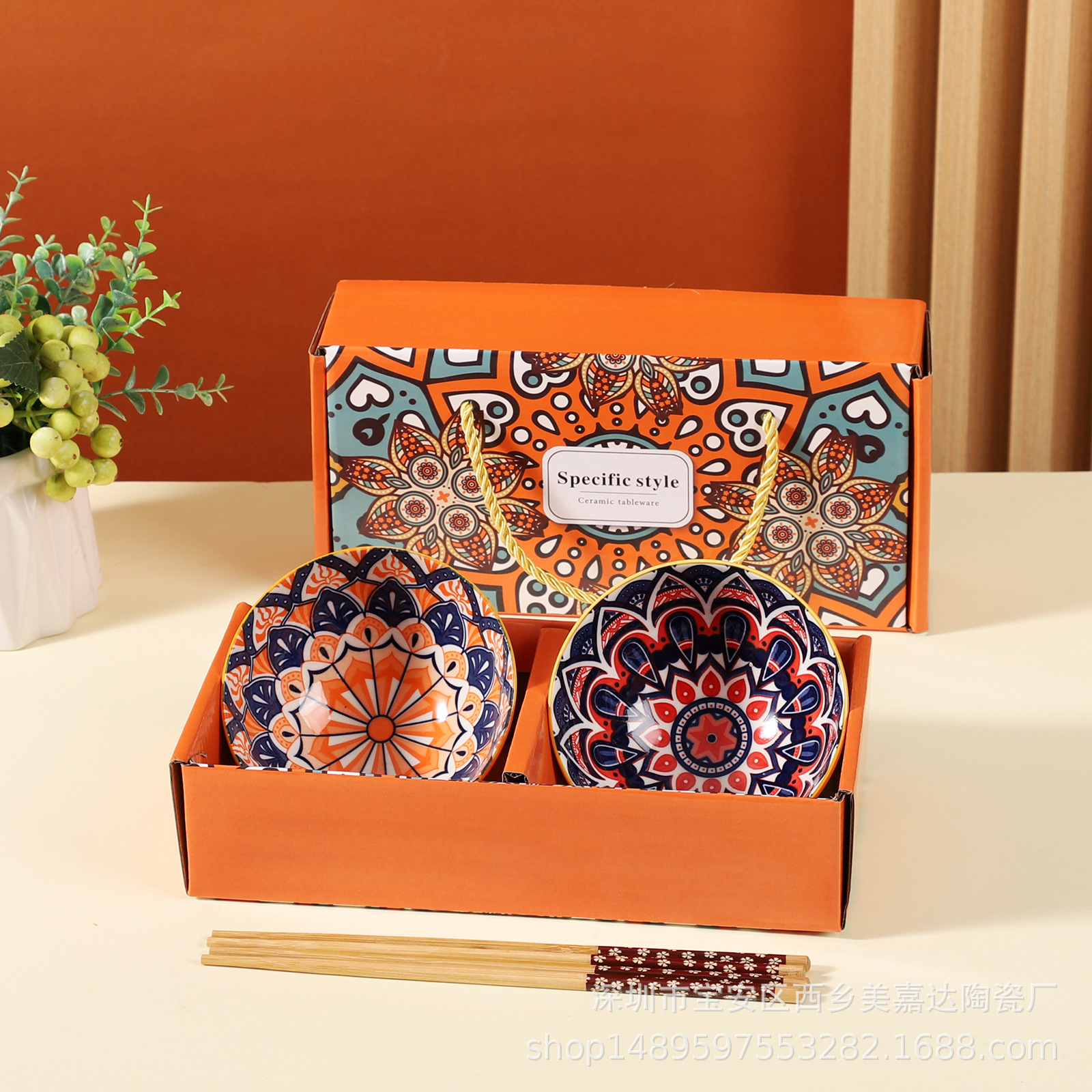 Regalo bohemio tazón de cerámica y palillos traje al por mayor tazón y plato traje hogar tazón de arroz vajilla conjunto tazón caja de regalo traje
