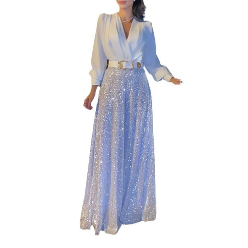 Cross-border European and American-style new fashion V-neck long-sleeved shirt with elegant temperament, waist-defined slimming effect, and sequined wide-leg pants—complete with a belt.