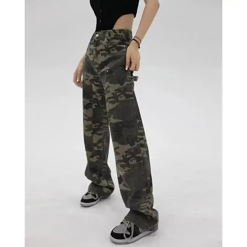 High Street hot girl retro Army Green camouflage workwear jeans women's 2020 Autumn New wide leg straight pants