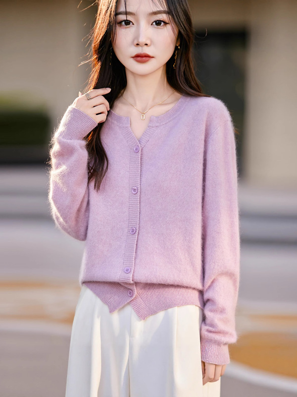 2025新款女士羊绒衫圆领开衫无缝一体100%纯羊毛衫拉毛羊绒毛衣|undefined