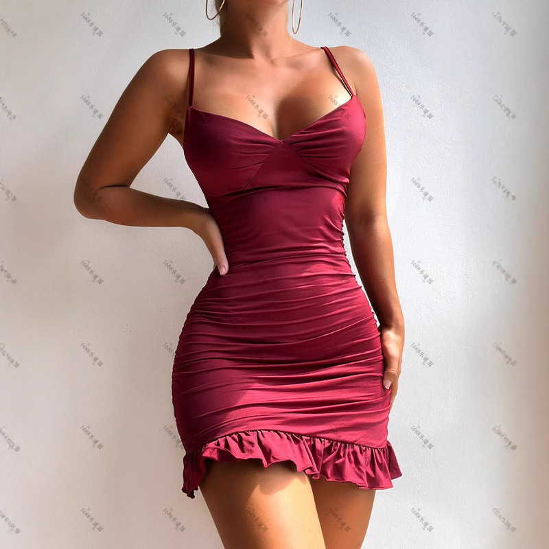 Purely Alluring Satin Short Dress with Thin Straps, V-Neck, Full-Body Ruffles, and Slim-Fitting Bodycon Design Purely Alluring Satin Short Dress with Thin Straps, V-Neck, Full-Body Ruffles, and Slim-Fitting Bodycon Design