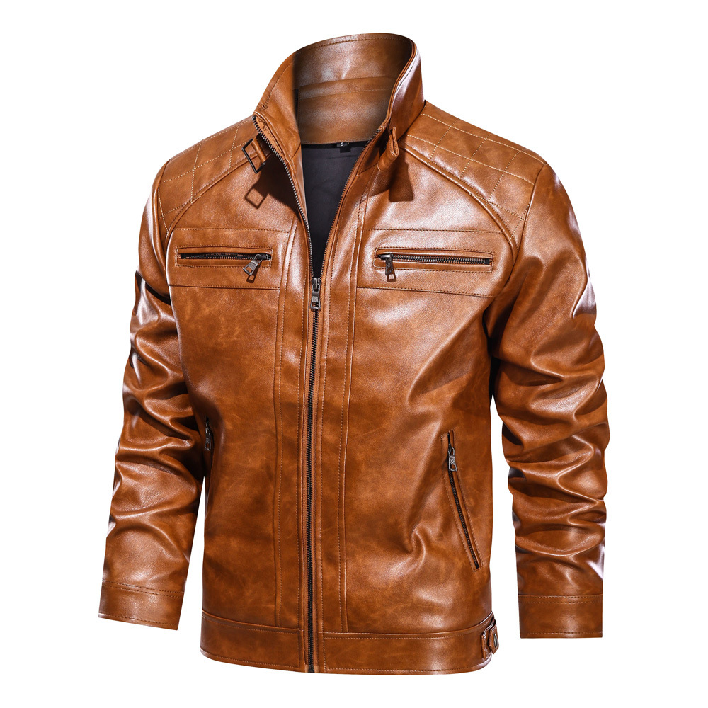 Herren Casual PU Stehkragen einfache trendige vielseitige kurze Lederjacke für Frühling und Herbst tragen europäische_voghion.com