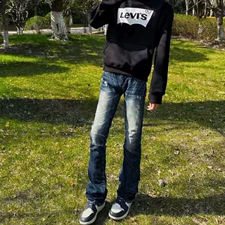 美式高街复古水洗做旧猫须牛仔裤男女修身显瘦微喇cleanfit长裤子