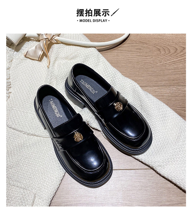 Giày lười nữ da phong cách Anh khóa xu, đế dày gót 3–5 cm, mũi tròn, size lớn — Màu Đen/lót nhung, Màu đen/lót một lớp chi tiết 17