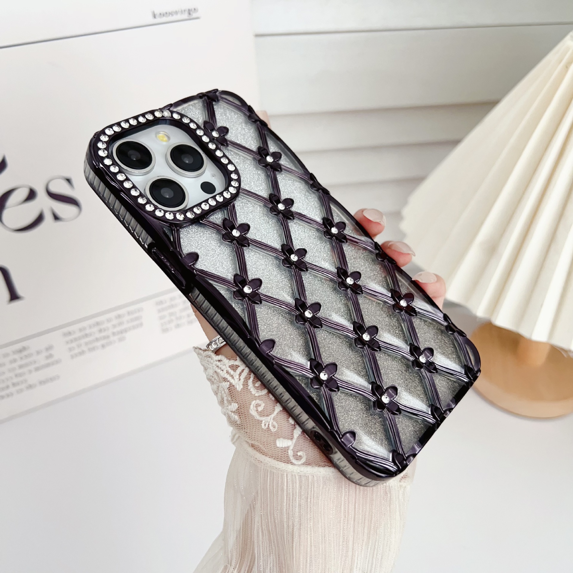 Suitable for Apple 17Promax Mobile Phone Case Rhinestone Glitter Electroplating Quilted Flower Apple 16Pm Anti-Fall Protective Cover
