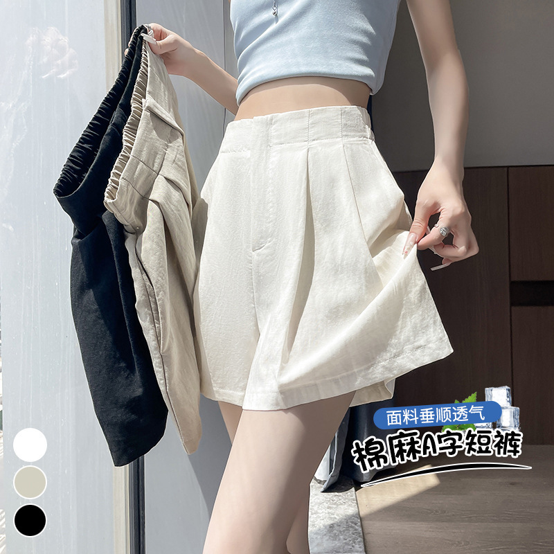 Ice Silk Cotton Linen Suit Shorts for Women, Summer 2026, High-Waisted, A-Line, Wide-Leg, Loose, Casual, Slimming, Five-Point Pants