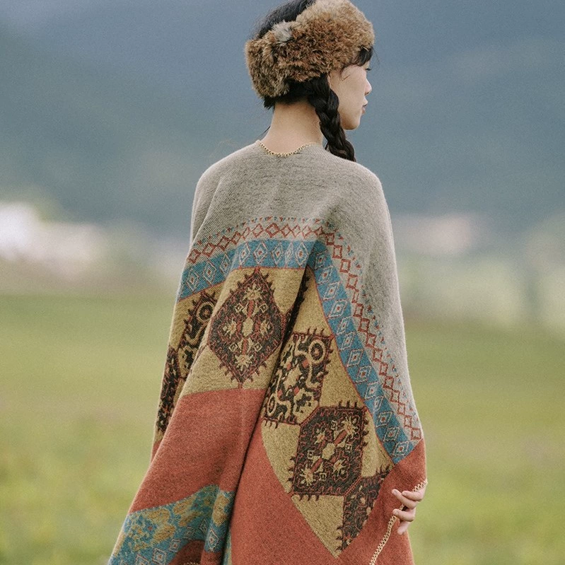Этническое плащ-пальто, шерстяной knitted плащ, подвеска ручной работы с кисточками для путешествий