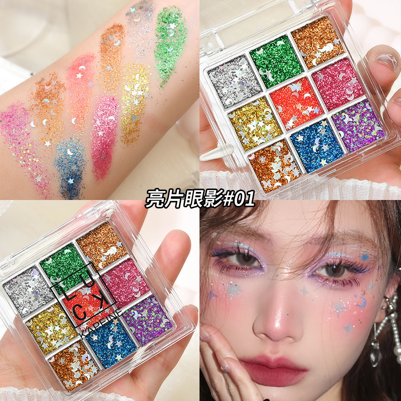 Lentejuelas de colores Sombra de ojos de nueve colores Gel sin pegamento Brillante Día del niño Escenario de maquillaje paleta de sombras de ojos