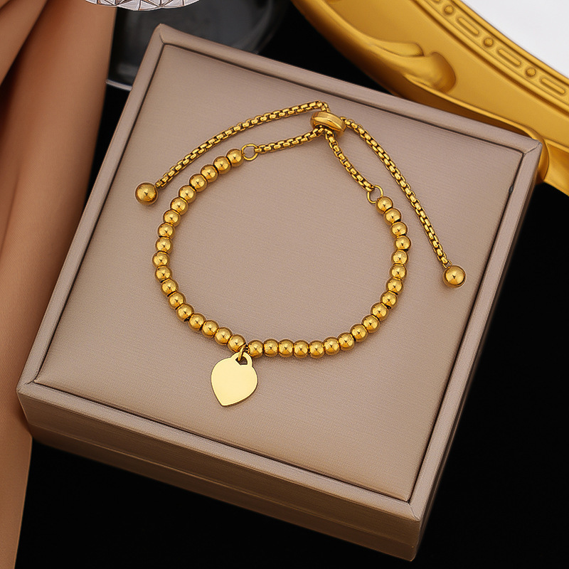 Cross-Border Hot-Selling Stainless Steel Ball Peach Heart Bracelet Jewelry Trendyy Titanium Steel Non-Fading Steel Ball Heart Bracelet for Women