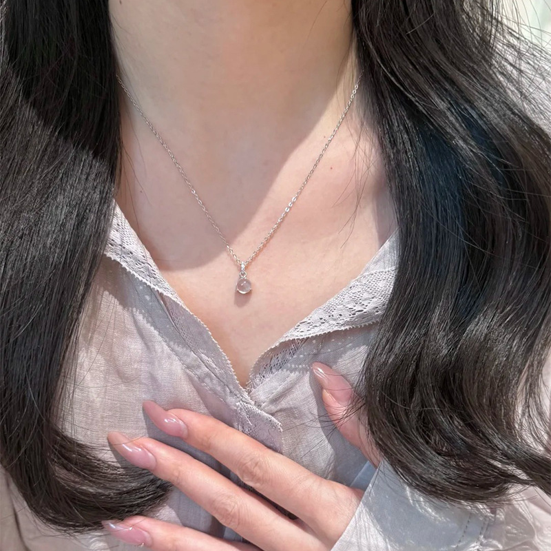 蒂奇S999纯银新中式小蛋面白玉髓项链女简约气质微镶锆石锁骨链潮|undefined