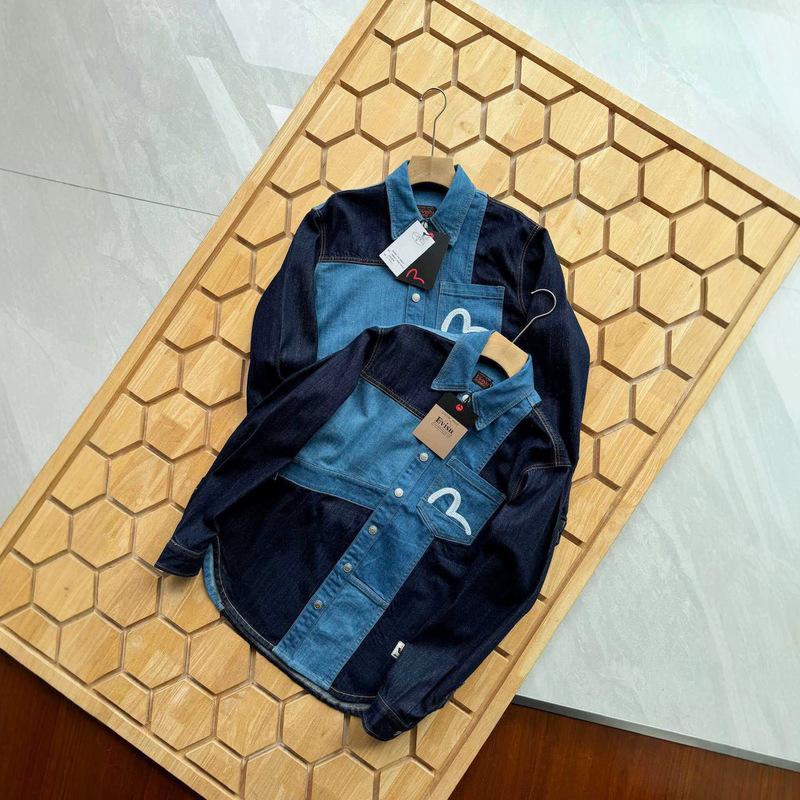 Cross-border EVISU autumn collection: men's casual long-sleeved denim shirt jacket with seagull embroidery and retro patchwork design Cross-border EVISU autumn collection: men's casual long-sleeved denim shirt jacket with seagull embroidery and retro patchwork design