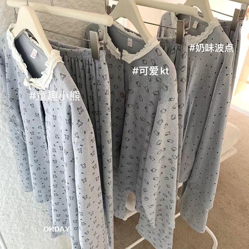 Autumn and Winter Style Women's Long-Sleeve Pajamas with Chest Pads, Double-Sided Cartoon Velvet with Bra, Home Wear Set, Sketch Bear